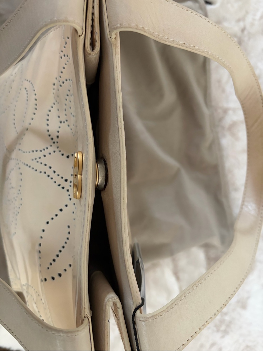 Chanel Small Beige Patent Leather Floral Perforated Tote - Picture 15 of 16